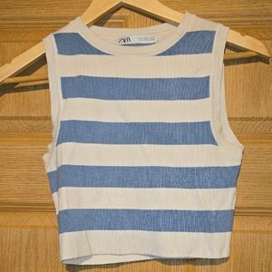 Zara White & Light Blue Striped Sleeveless Knit Tank